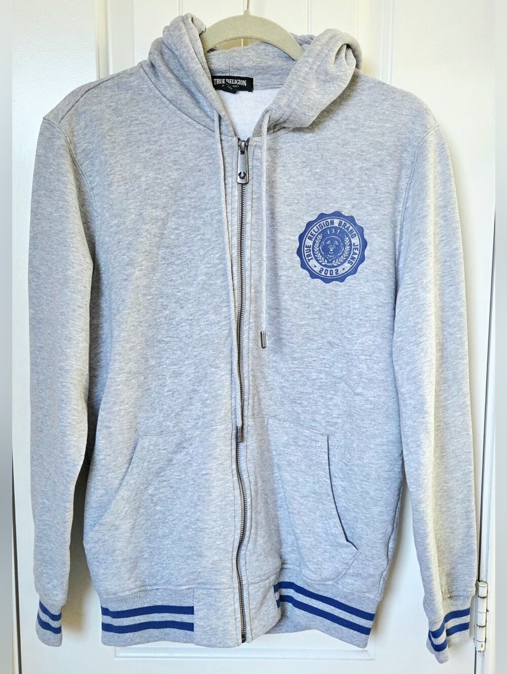 True Religion Light Gray Zip-Up Hoodie with Blue Logo and Striped Trim Size S